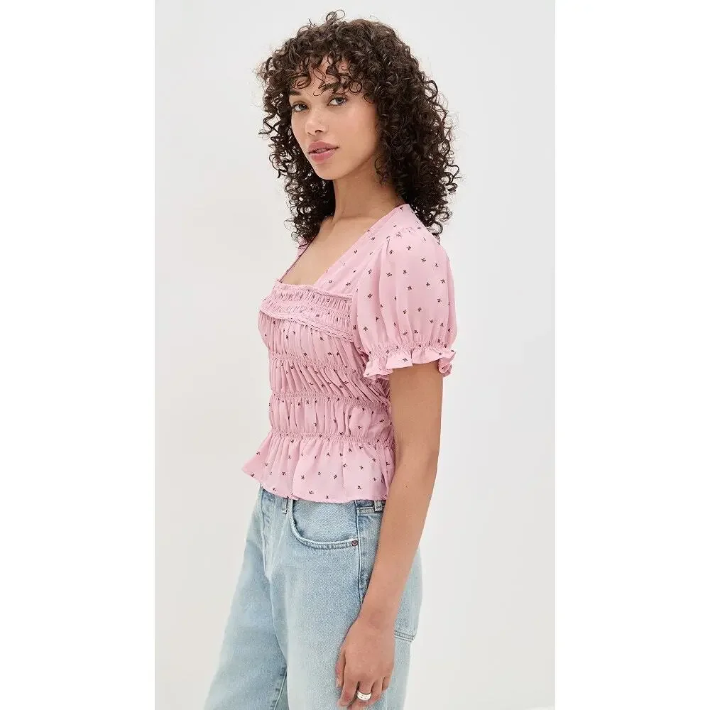 Free People NWT Adore You Smocked Peplum Blouse Pink Mauve Puff Sleeve M